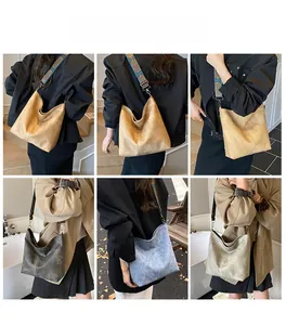 Detailed view of hobo tote bag in four colors with wide geometric woven shoulder straps