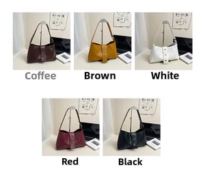 Detailed comparison of vintage leather shoulder bags in five colors with metal ring buckles
