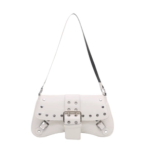 White faux leather crossbody bag with silver rivets and punk style buckle decoration