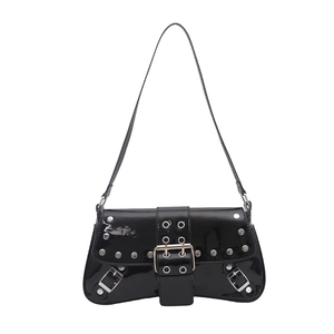 Y2K punk style black patent leather underarm bag with silver studs and buckles