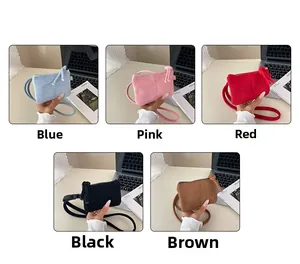 Detailed grid showing mini suede coin bags in blue, pink, red, black and brown colors