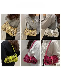 Collage of fashion sequin underarm bags in gold, silver, pink and green on models
