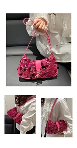 Close-up of vibrant magenta sequin underarm bag featuring glossy finish and gold hooks