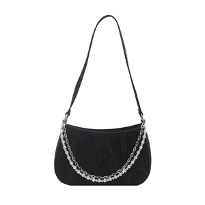 Elegant black velvet shoulder bag with pearl and silver metal chains for women