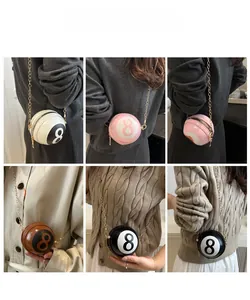 Detailed views of billiard 8-ball shaped mini crossbody bags in various colors on models