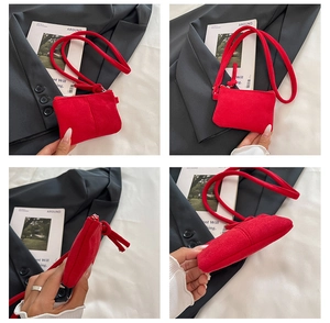 Detailed four-way view of a red suede mini crossbody bag showing stitching and slim strap