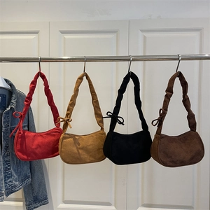 Sac Sous le Bras Plissé en Suédine Vintage pour Femmes Style Coréen Décoration Nœud Sac à Épaule Élégant Couleur Unie