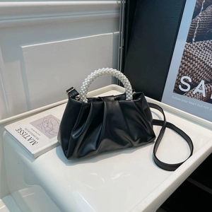 Elegant black cloud handbag with pearl handle and pleated texture for women