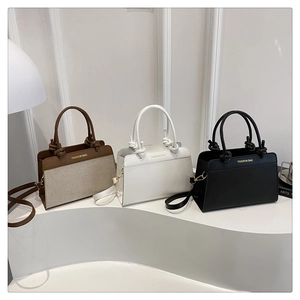 Minimalist handbags in brown patchwork, white and black colors with knotted top handles