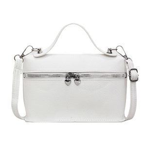 White lychee leather box handbag with dual heart-shaped silver zippers and shoulder strap