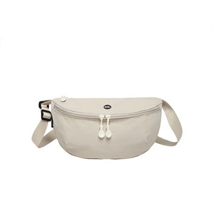 Minimalist beige nylon crescent chest bag with adjustable strap and OK logo