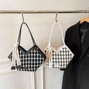 Sac Fourre-Tout En Tweed À Carreaux Pour Femmes Grande Capacité Sac À Main Bandoulière Avec Ouverture En V