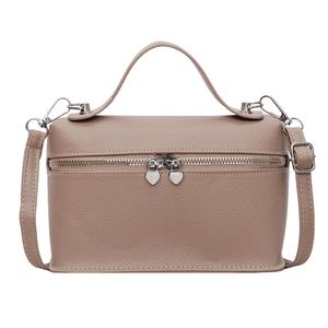 Minimalist fall crossbody handbag in beige pebble leather with heart-shaped zipper