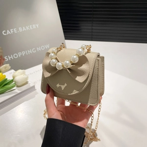 Mini beige Handtasche mit Schleife, Perlengriff und Goldkette für Damen und Mädchen