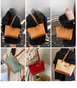 Chic patchwork tote bag shown in multiple colors including burgundy and emerald green