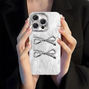 Bow Phone Case TPU Anti Fall Satin Texture With Puppy Pendant And Crossbody Lanyard Compatible With iPhone