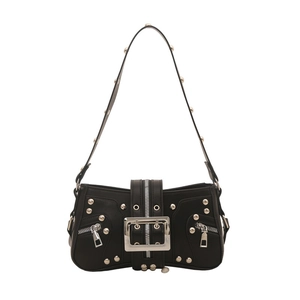 Black punk style underarm bag with silver studs and large metal buckle detail