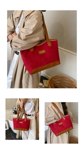 Detailed views of red patchwork tote bag with brown leather handles and fashion logo