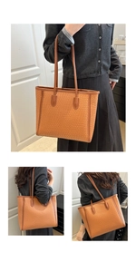 Dettaglio della trama intrecciata su borsa tote marrone grande con spalline sottili