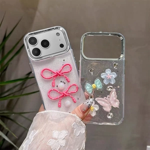 3D-Schmetterlings- und Perlen-Glitzerhülle für iPhone mit Blumen- und Schleifendekor