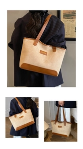Detailed views of a beige suede tote bag featuring brown leather trim and fashion label