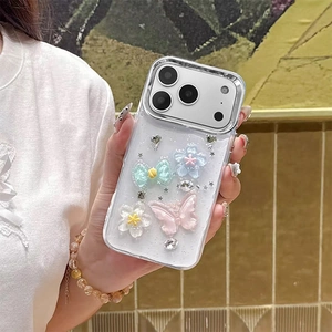 Glitzernde iPhone Hülle mit 3D Schmetterlingen, Perlen und Sternen Dekor