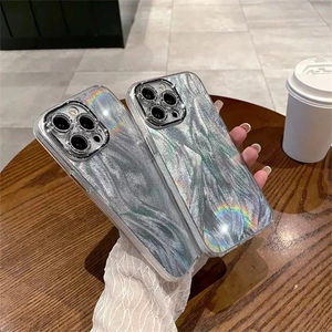 Silver glitter marble phone case for iPhone 17 Pro Max with anti-drop metal lens frame