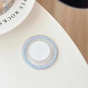 Macro view of blue pearl embellished phone grip with strong adhesive backing piece