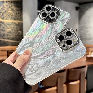 Macro shot of silver laser iPhone case with artistic oil painting texture and lens protector