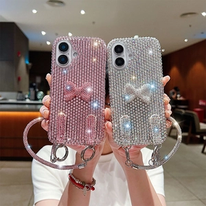 Luxury Rhinestone Bow Phone Case With Lanyard Acrylic Full Diamond Protective Cover For Women Girls Glittery Fashion