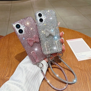 Sparkling rhinestone bow phone case for iPhone with matching long crossbody strap