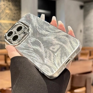 Detail of silver glitter phone case with rhinestone camera protector for iPhone 17 Pro Max