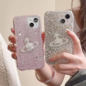 Luxurious rhinestone iPhone case featuring a cosmic planet logo in pink and white