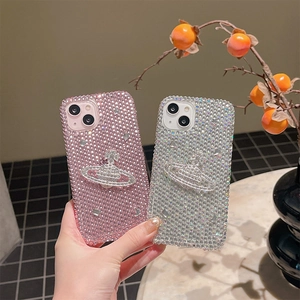 Luxury rhinestone iPhone case featuring a sparkling Saturn orb logo in pink and silver colors