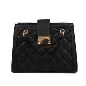 Classic black quilted faux leather handbag with golden metal hardware and chain shoulder strap