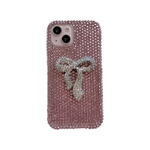 Luxury pink rhinestone phone case with a large silver crystal bow for iPhone models