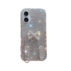 Sparkling diamond bowknot phone case with lanyard rings for iPhone 16 Pro Max