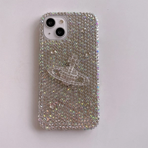 Detail of luxury rhinestone phone case with planet emblem for iPhone, high sparkle finish
