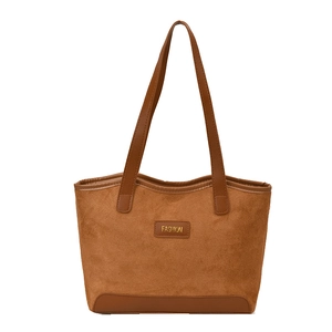 Brown faux suede tote bag with leather straps and a fashion gold logo plate