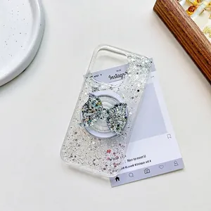 Sparkly glitter clear phone case with a 3D magnetic bow pop socket stand and sequins