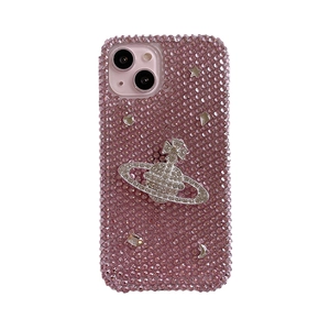 Pink luxury rhinestones iPhone case with silver planet orbit logo for 17 Pro Max