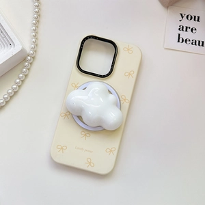 3D white cloud pop socket on creamy yellow iPhone case with bow pattern and pearl decor