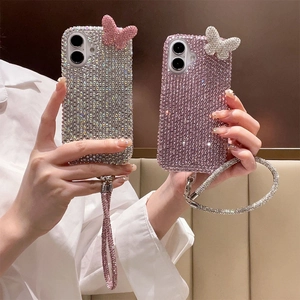 Butterfly Rhinestone Phone Case For iPhone 17 16 15 14 13 12 11 Acrylic Full Diamond 3D Cover With Wrist Strap