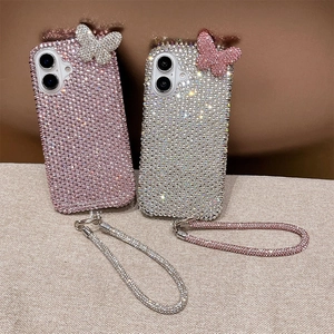Sparkling rhinestone butterfly phone case for iPhone with luxury crystal hand strap