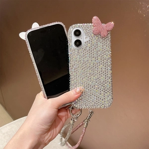 Luxury rhinestone iPhone case featuring a 3D pink butterfly and dual braided lanyards