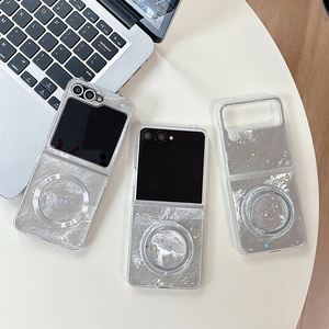 Silver wrinkled texture folding phone case with stars and MagSafe for Samsung Z Flip