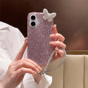 Detail of 3D rhinestone butterfly phone case with sparkling pink crystals and wrist strap