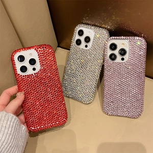 Sparkling rhinestone phone case for iPhone 16 Pro Max in red, pink, and white glitter finish