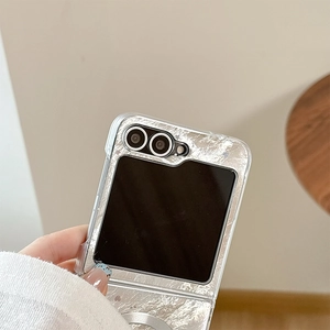 Detail of silver foil texture and camera cutout on the Galaxy Z Flip foldable phone case