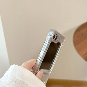 Detail of clear folding case for Galaxy Z Flip with silver electroplated frame and cutouts